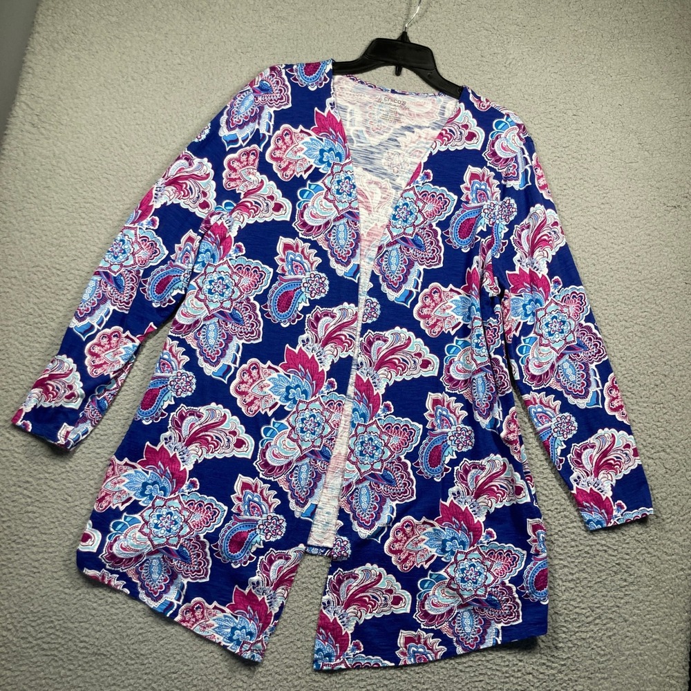 Chico's Open Front Cardigan Womens Size 3 Blue Pink Paisley Cotton Modal Pockets
